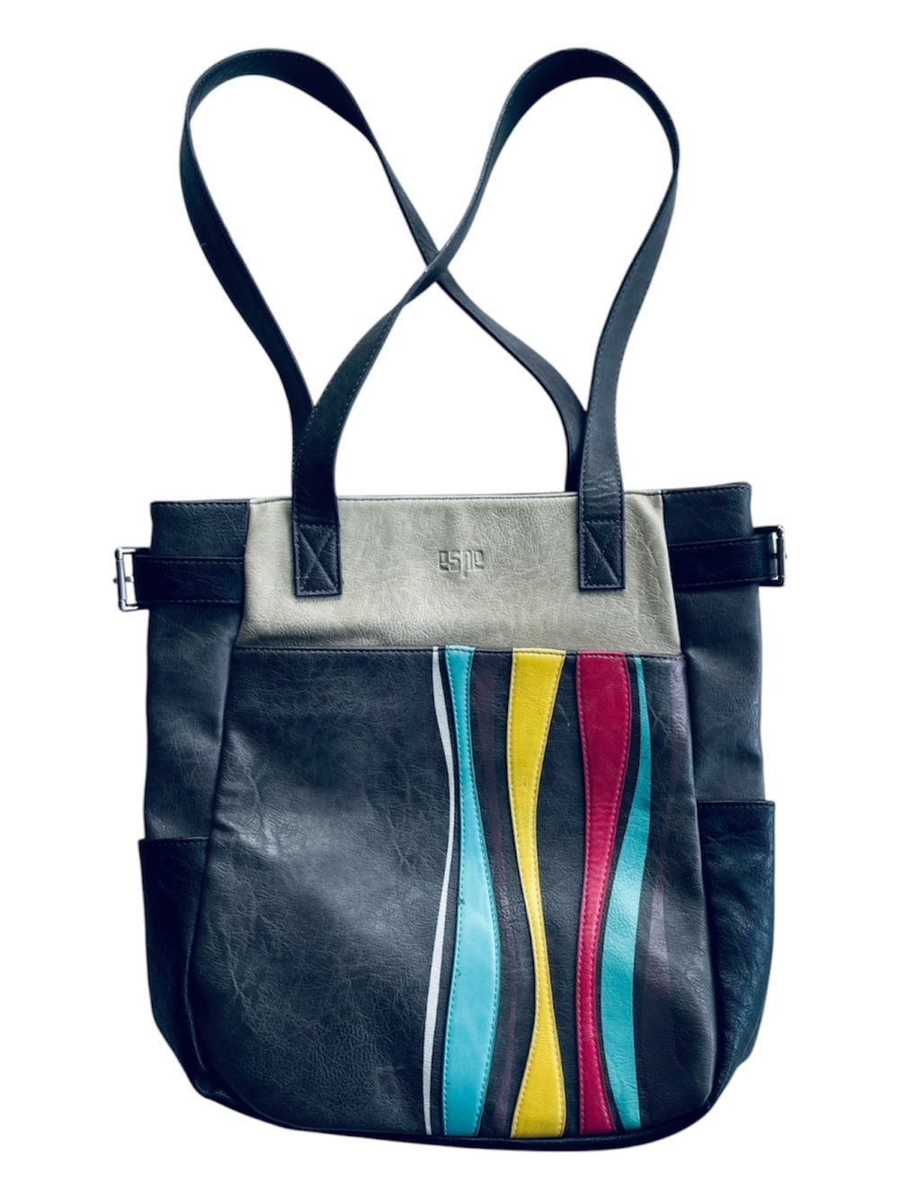 ESPE Vegan Leather Shoulder Bag Colorblock Wavy Abstract Stripe Tote